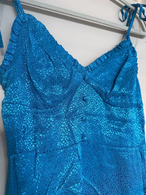 Zara Blue V Neck Blue Satin Dress - Image 3