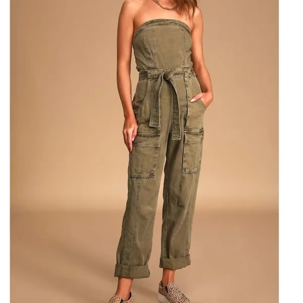 Free People FP Go West Olive Green Utility Cargo Denim Relaxed Leg Jumpsuit XS - Image 2