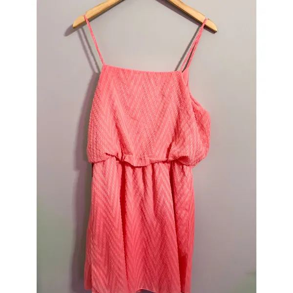 Hot Kiss Coral Chevron Textured Elastic Waist Spaghetti Strap Mini Dress‎ L - Image 5