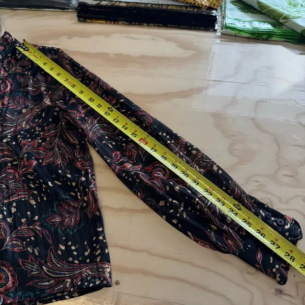NWT Mango Floral Paisley Metallic Contemporary Ruffle‎ Sheer Blouse Blk Burgundy - Image 11