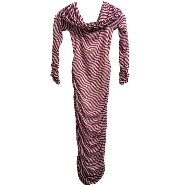 Anthropologie Off-The-Shoulder Mesh Maxi Dress Bodycon Ruched XS Pink White- NEW - Image 4