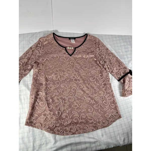 Onyx Apparel Women’s Lace Blouse L Pink/Black Pearl V-Neck Bell Sleeve 20195CM - Image 3