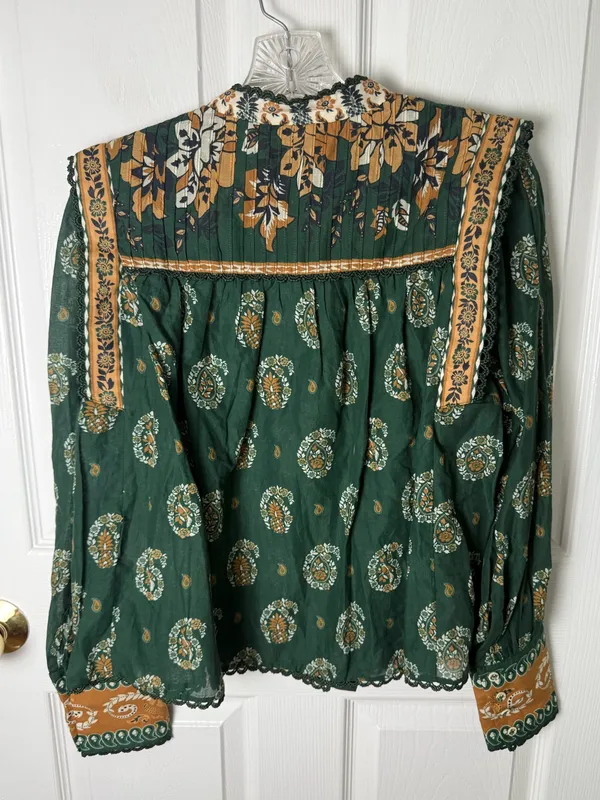 Farm Rio Green Tayla Lace Buttoned Puff Sleeve Blouse S - Image 6
