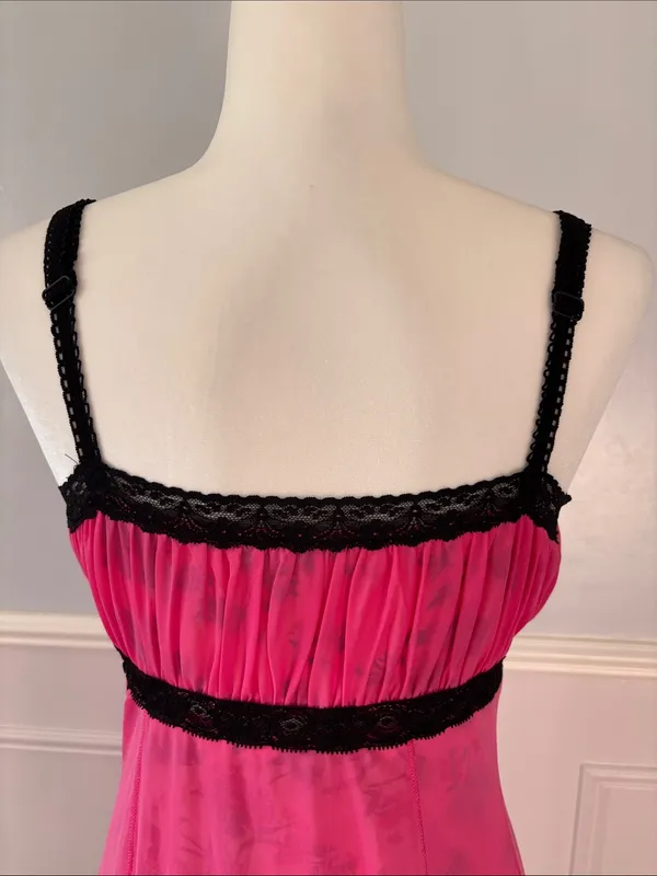 Urban Outfitters Hot Pink Slip Dress with Black Lace Trim Sz Large 90s Y2K Mesh - Image 9
