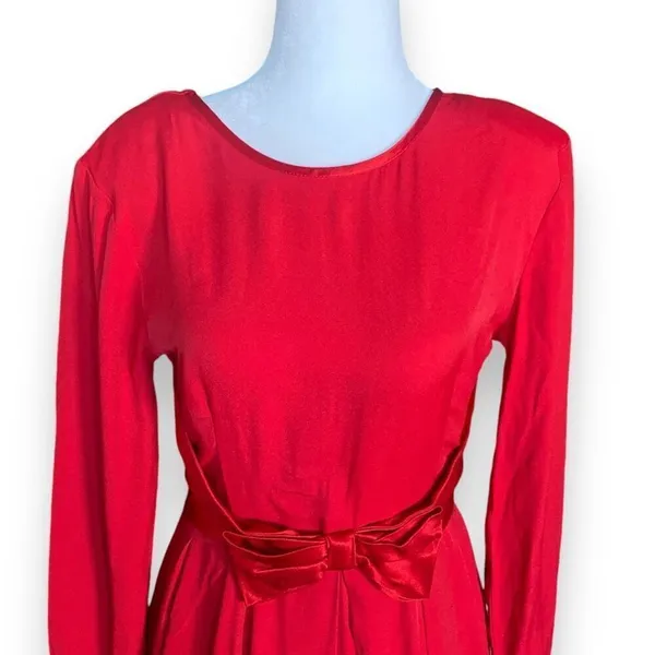 Vintage Nina Piccalino Cherry Red Dress Satin‎ Bow Detail Scoopneck Long Sleeve - Image 2