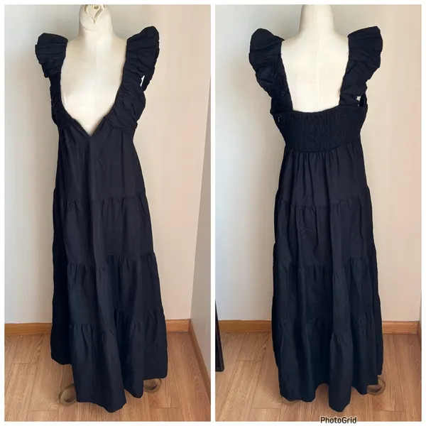 Jason Wu Tiered Linen Blend Pleated Maxi Dress Black Womens Size Extra Small - Image 2