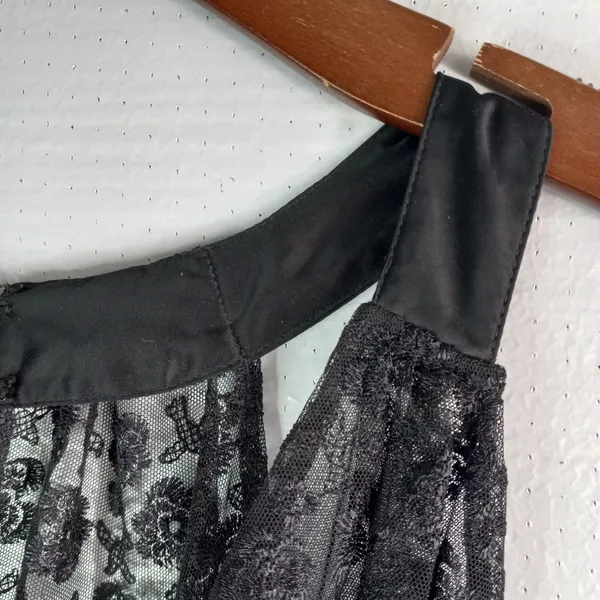 Cacique 28/20 Chic Black and White Pastel Sky Blue Floral Paneled Negligee - Image 3