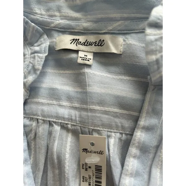 Madewell $98 Ruffled Popover Long Sleeve Top Stripe Blue Cotton Blouse Size M - Image 8