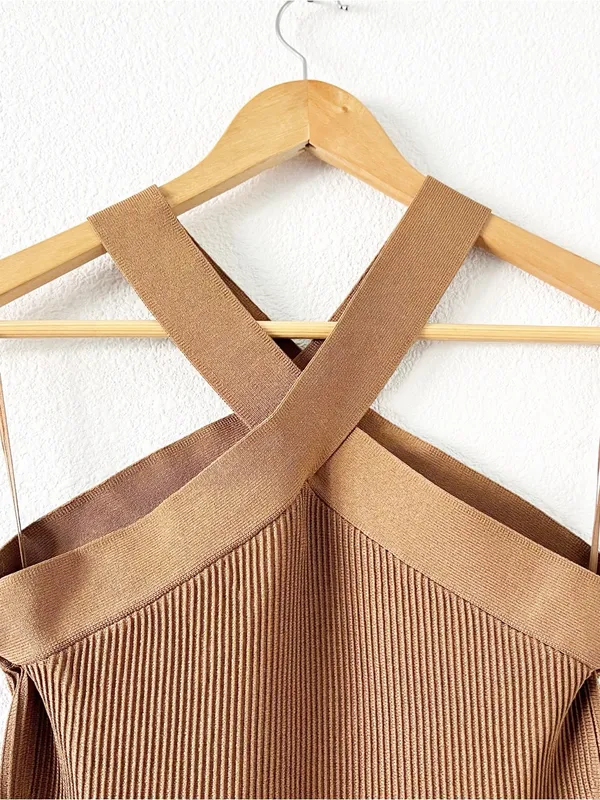 Aritzia Babaton Sculpt Knit Criss Cross Tan Ribbed Bodycon Mini Dress - Image 3