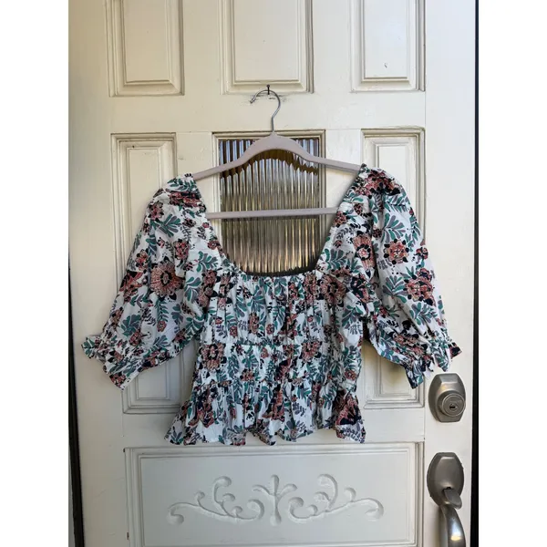 Cleobella Womens Floral Smocked Peplum Puff Sleeve Top White Multi Size Small - Image 5