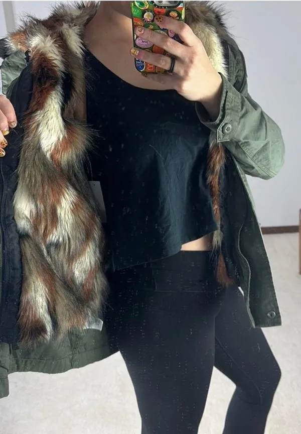 : Olive Green Faux Fur Canvas Coat - Image 3