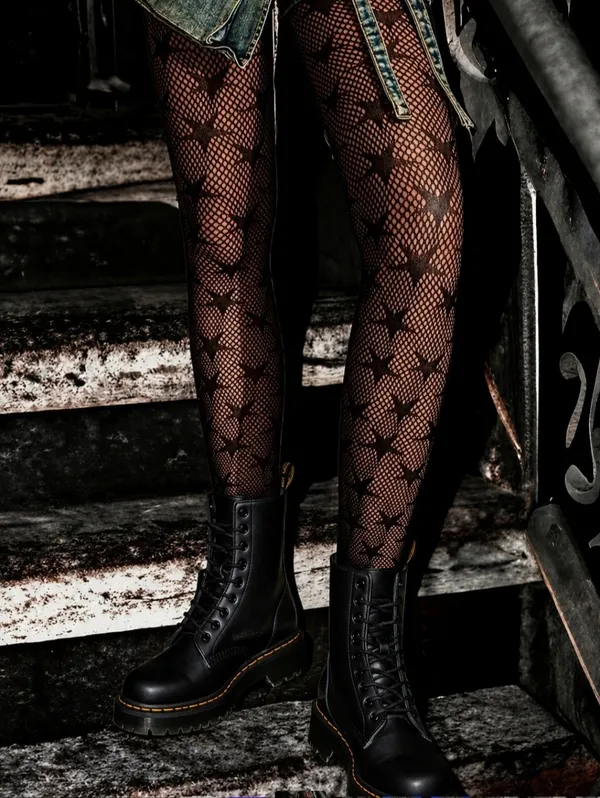 Black Jacquard Fishnet‎ High Waist Footed Tights With Star Pattern One Size - Image 6