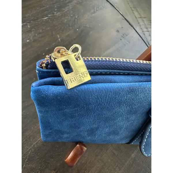 Friend Blue Faux Suede Long Bifold Wallet Gold Tone Hardware Zipper Pocket - Image 2