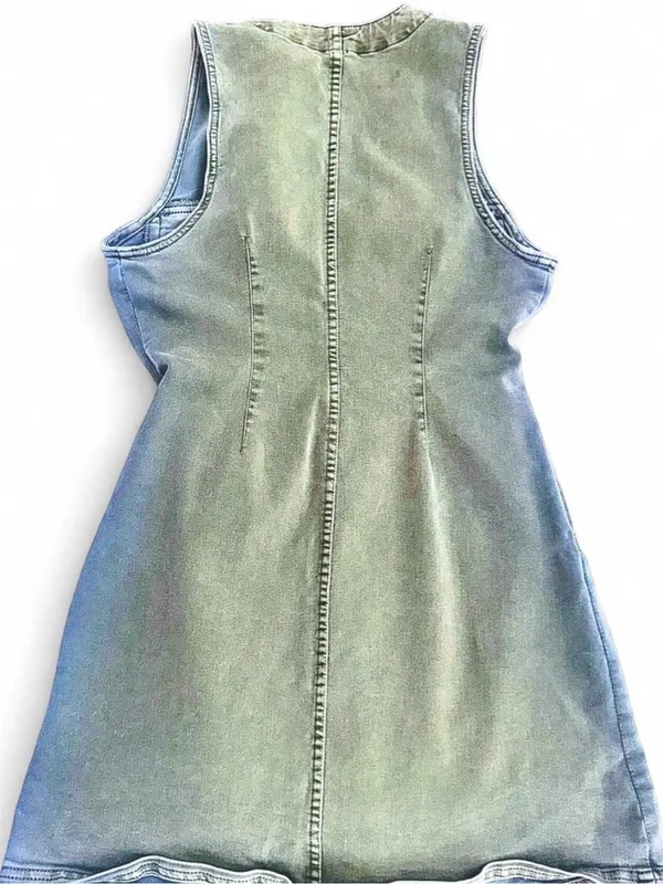 Free People Clean Break Denim Mini Dress Green Acid Wash Stretch Denim Size 8 - Image 7