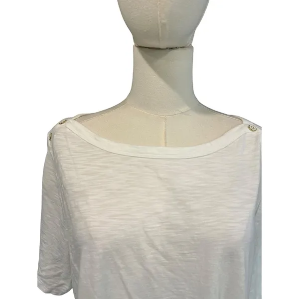 Talbots Plus 1X White Slub Knit Boat Neck Button Shoulder Top Cotton Modal - Image 2