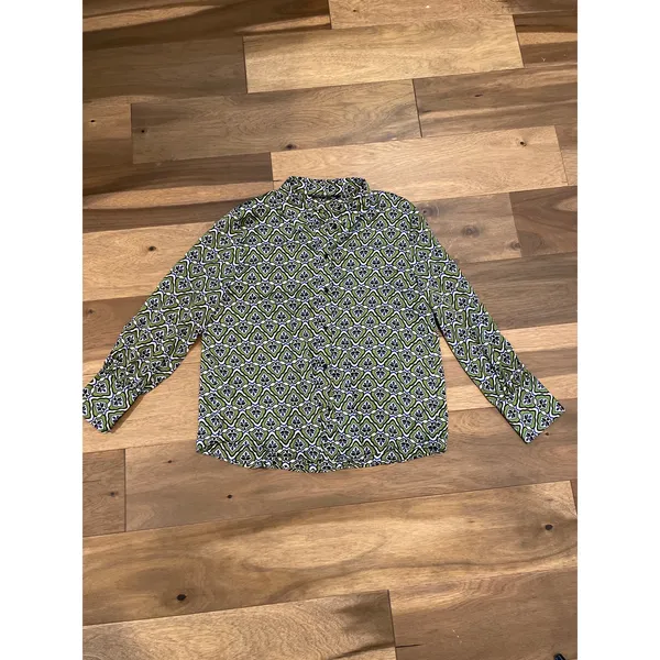 Zara Satin Button Up Top Size M Green Abstract Boho Desi Print - Image 3