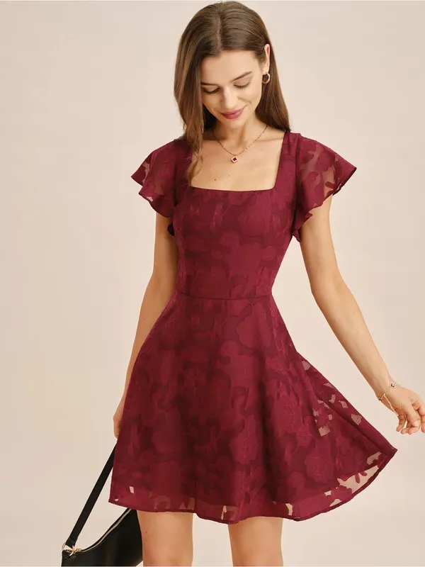 Rihoas Wine Red Square Neck Jacquard Mini Dress - Image 2