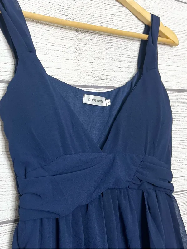 Navy Blue Sleeveless Empire Waist Leg Slit Maxi Dress Evening Gown Size Small - Image 4