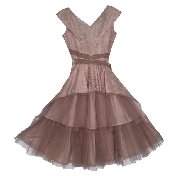 Vintage 1950s 1960s Handmade Champagne Lace Tulle Party Dress XS - Image 13