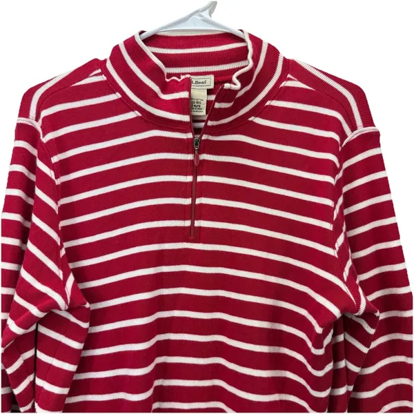 LL Bean Red White Stripes 1/4 Zip‎ French Sailor Pullover Top Size LARGE - Image 5