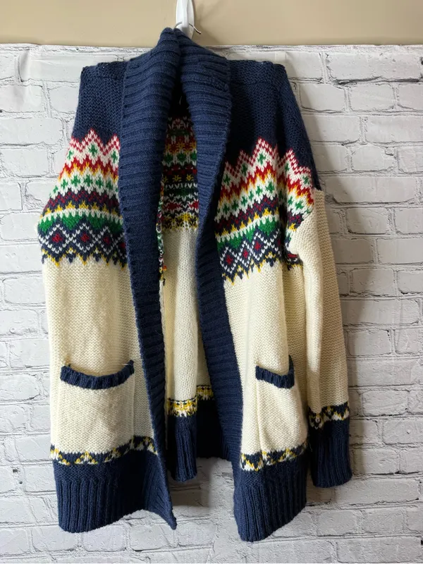 American Eagle Navy & Cream Fair Isle Shawl Collar Women’s Sweater Cardigan med - Image 6