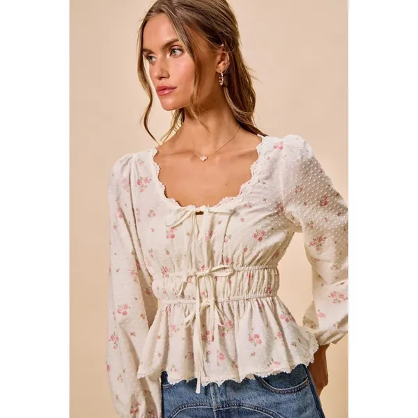 SO ME Floral Clip Dot Lace Trim Ruched Bodice Blouse - White - Medium - Image 12
