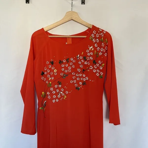 Vintage Floral hand painted Red Maxi Dress‎ Womens XL Long Sleeve high slits - Image 2