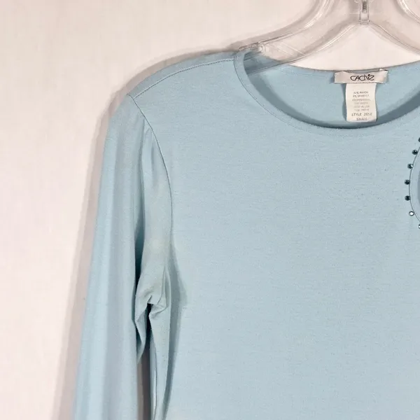 Cache Small Top Knit‎ Light Baby Blue Rhinestones Cut Out Cold Shoulder Y2K 1348 - Image 4