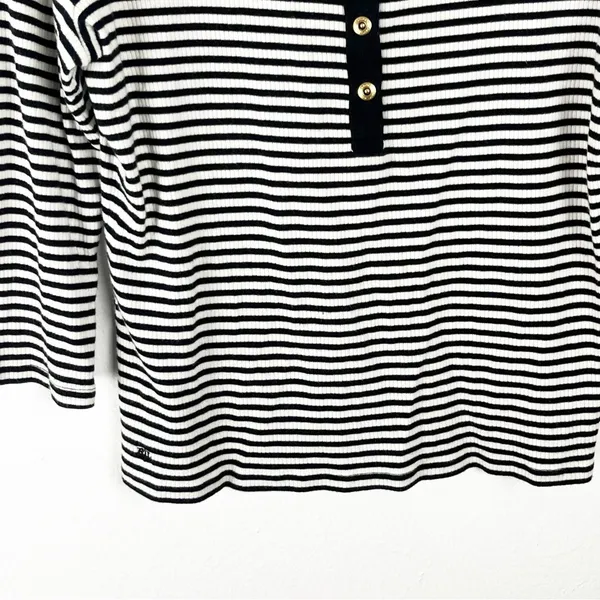 LAUREN RALPH LAUREN Black White Striped Long V-Neck Button Accent Top Large - Image 6
