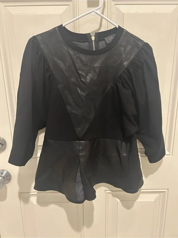 Gracia Black Mixed-Material Puff Sleeve Top with Faux Leather Insets - Image 2
