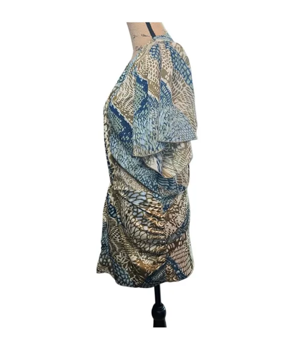 Akira Chicago Ruched Abstract Print Tunic in Blue/Green/Gold - Image 4