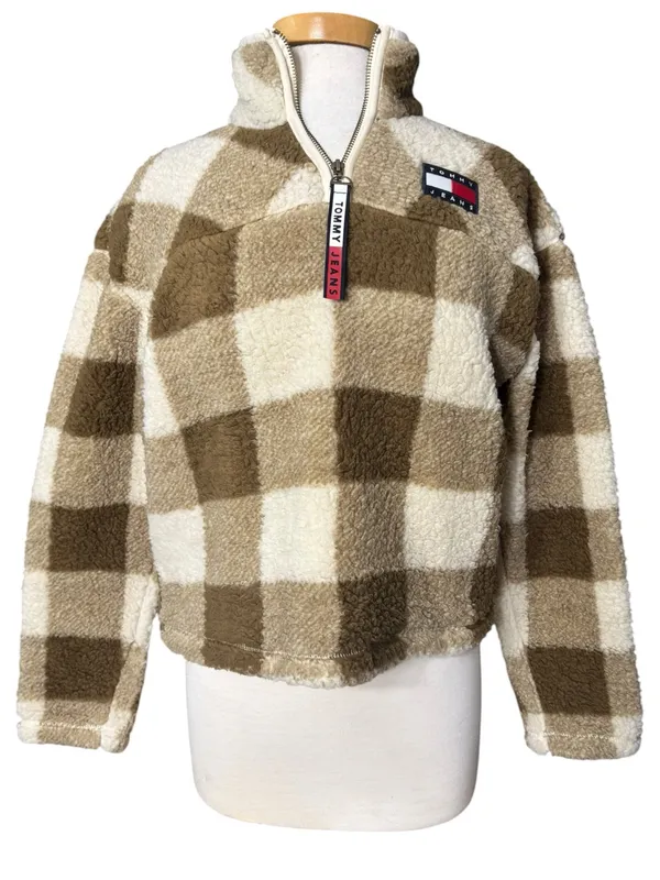 Tommy Jeans Brown Buffalo Check Sherpa Half-Zip Pullover Jacket (Size S) - Image 2