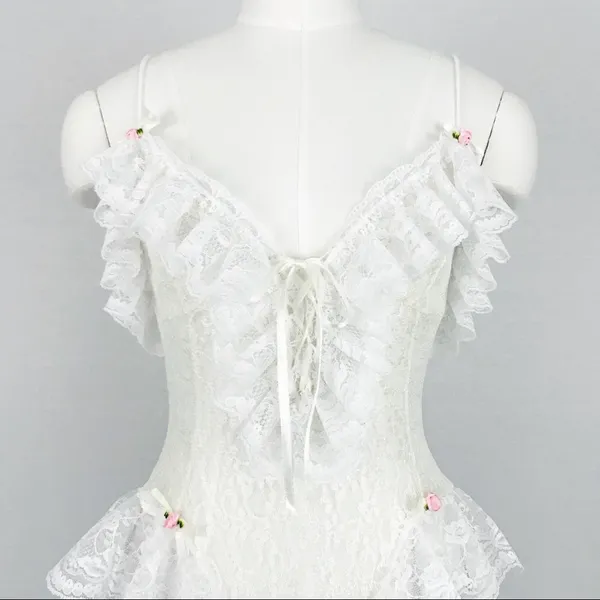 Vintage Ruffled Lace-Up Lace Bodysuit Lingerie in White | Size S - Image 3