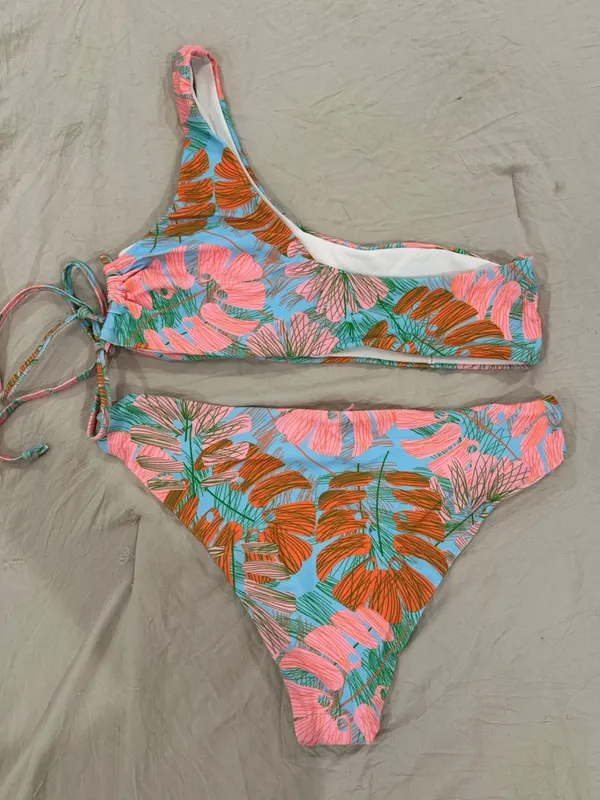 SHEIN Blue Pink Orange Tropical Leaf One-Shoulder Bikini - Image 2