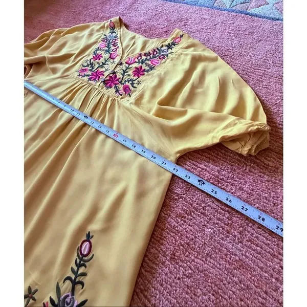 Yellow Embroidered Boho Tunic Mini Dress Floral Loose Fit M - Image 3