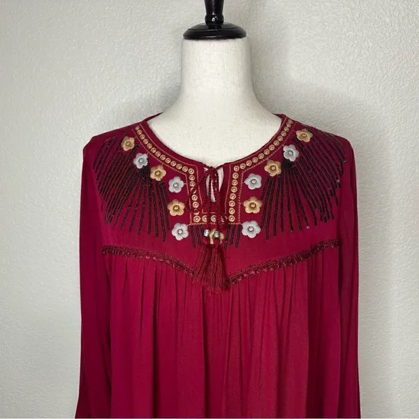 Dabenti Embroidered Sequins Burgundy Long Sleeves Midi Dress, Size XL - Image 3