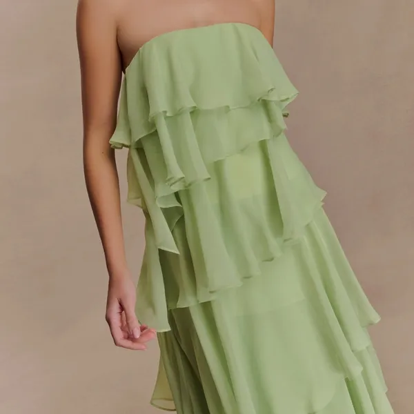 Meshki | NWT Alexa Ruffle Chiffon Strapless Maxi Dress in Pastel Lime | XS - Image 3