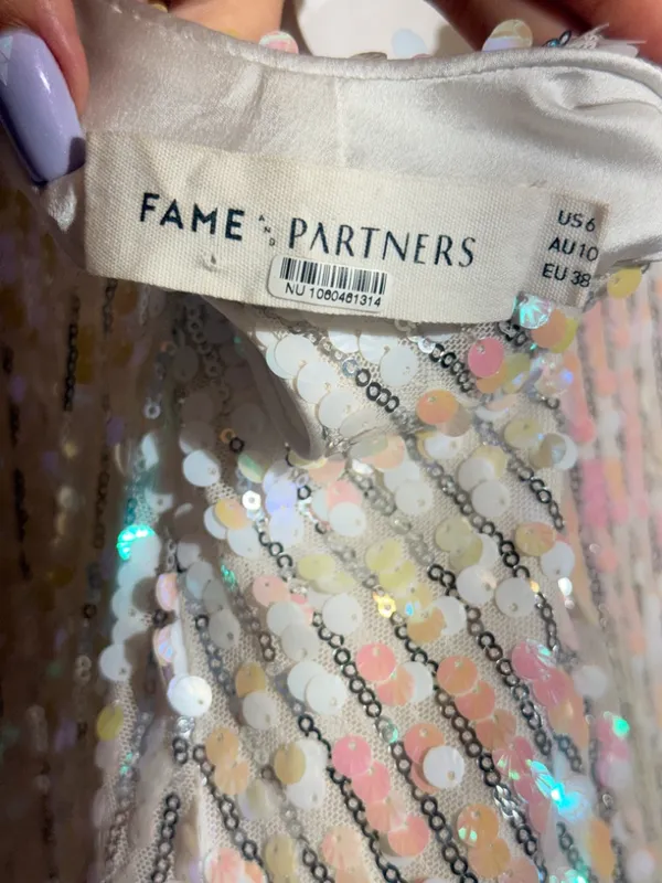 Fame & Partners Iris Pearl Iridescent Sequin Stripe Square Neck Mini Dress US 6 - Image 7