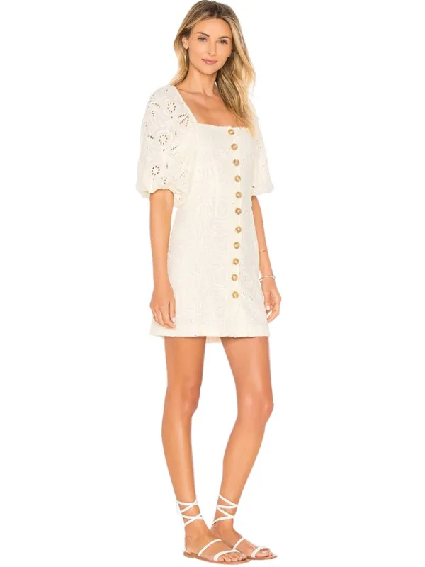 Free People Daniella Eyelet Mini Dress Women's 2 Ivory Puff Sleeve Boho Cotton - Image 3
