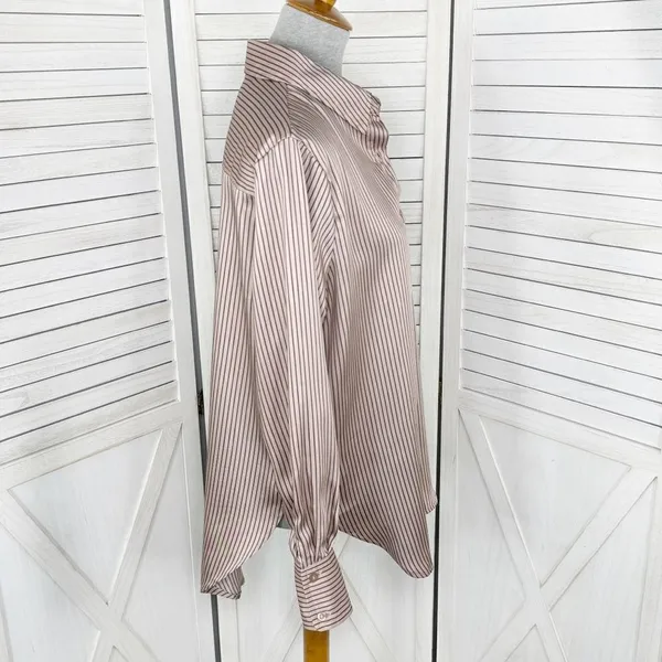 The Workshop Satin Pinstripe Oversized Button Up Shirt Mocha Medium Boyfriend‎ - Image 5