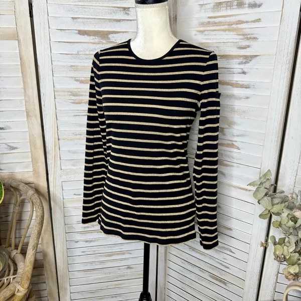LAUREN RALPH LAUREN Black Gold Stripe Top Monogramed Arm Pocket Medium - Image 5