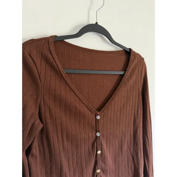 $59 New OGLmove Wide Rib V-neck Cardigan - Brown Small - Image 2