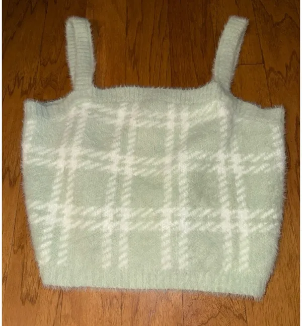 New PacSun Kendall & Kylie Light Mint Green + White Plaid Soft Cropped Top L - Image 2