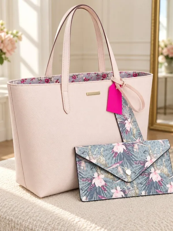 Betsey Johnson Very Light Pink Tote Bag Gray Floral Pouch NWT - Image 2