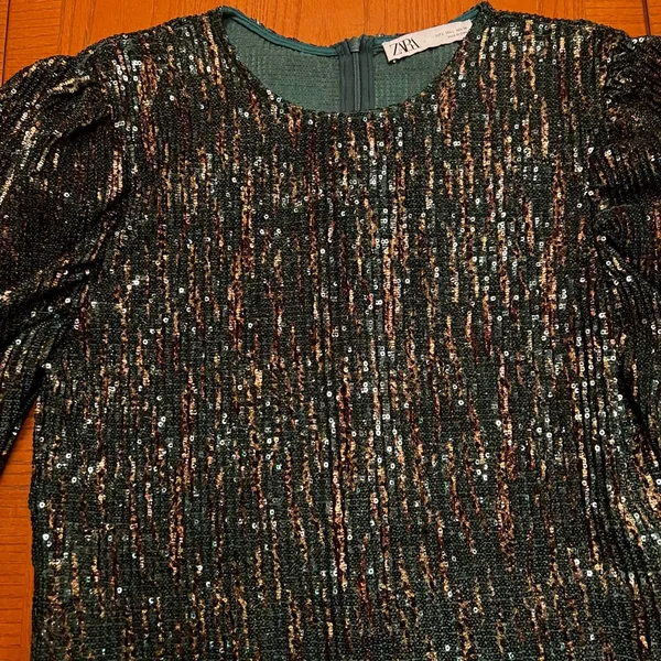 ZARA Sequin Puff Long Sleeve Special Limited Edition Emerald Green &‎ Gold Dress - Image 13
