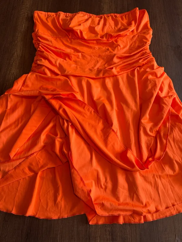 Women’s Orange Strapless Ruched Flare Dress Size XL Layered Skirt - Image 3