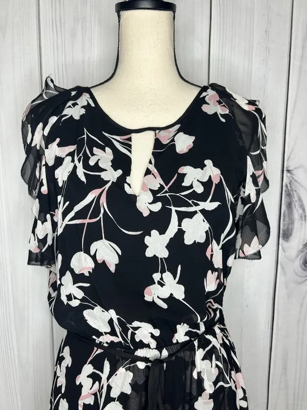 White House | Black Market Sz 8 Chiffon Black Garden Floral Elastic Waist Midi Dress Keyhole Neckline - Image 2