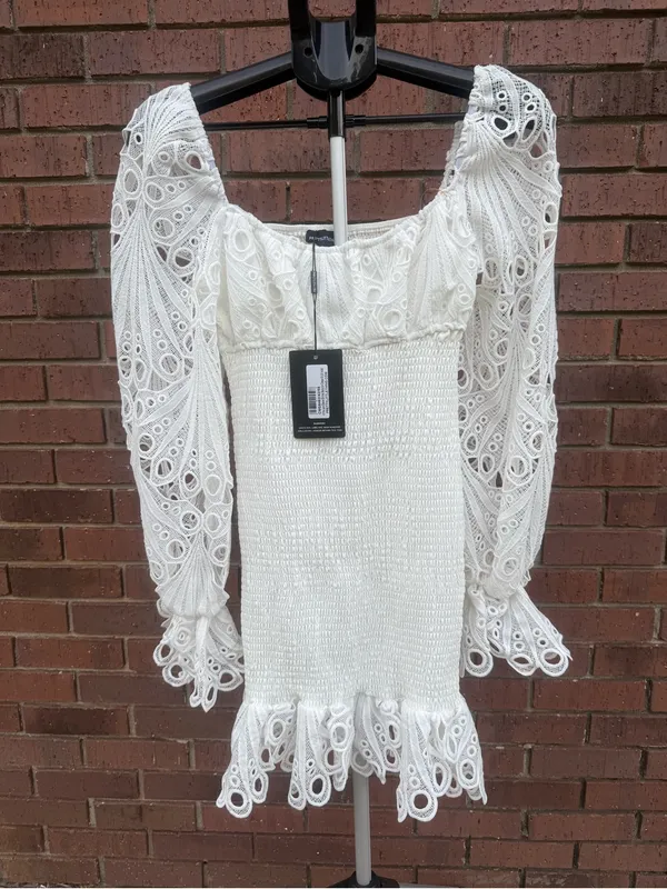 Pretty Little Thing White Lace Sleeve Shirred Bodycon Mini Dress Size 6 New NWT - Image 9