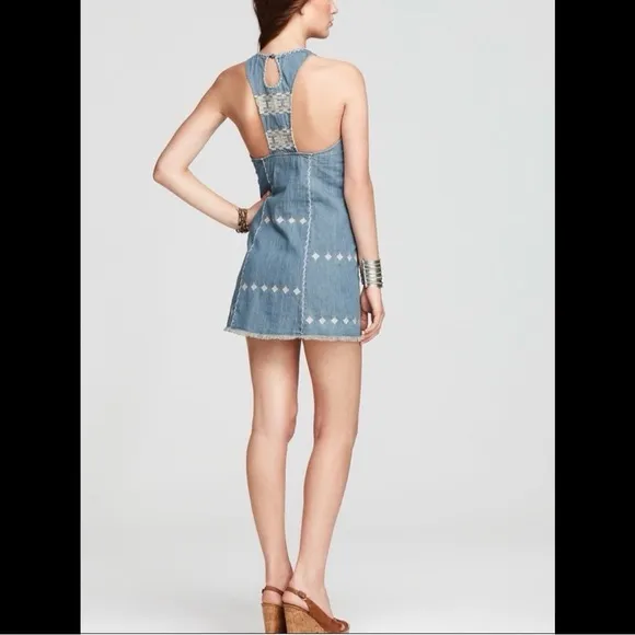 Free People Embroidered Chambray Denim Mini Dress | Size XS | Aztec Racerback - Image 2