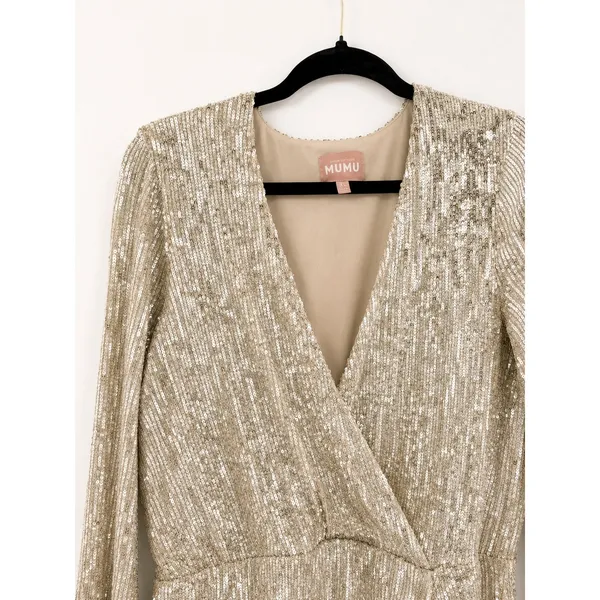 Show‎ Me Your Mumu Party Hop Dress Womens M Gold Sequin Ruched Mini Disco Glam - Image 11